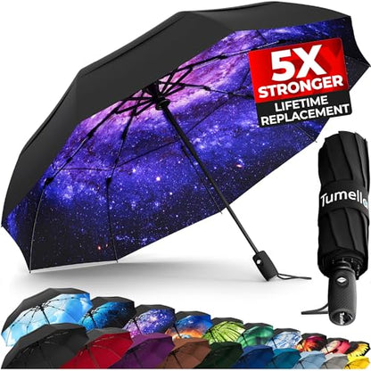 TUMELLA Strongest Windproof Travel Umbrella (Compact, 100MPH Wind-Tested), Light, Portable, One-Handed Use, Automatic Folding Rain Umbrella, Durable, Premium Grip, Fits Car & Backpack - color: 1-pack Milky Way