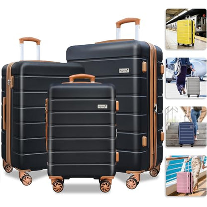 KEYTANG Explorer Lightweight Hardshell 20% Expandable 3-Piece Luggage Set with TSA Lock, Double Spinner Wheels, and Carry-On Suitcase,Black Umber - color: Black Brown, size: 001-3PCS