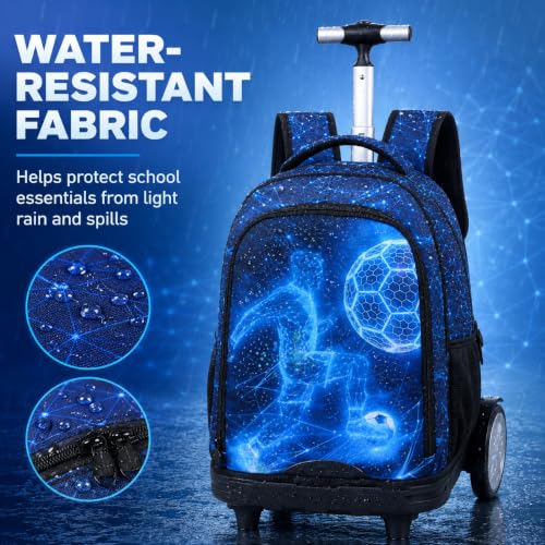 HPJGD Big-Wheel Rolling Backpack for Boys with Lunch Box & Pencil Case - 3-Pack Travel Set Featuring Tech-Style Soccer Player Design, Water-Resistant & Reflective Wheeled Bookbag for School/Trips - color: Cool Rolling Backpack Tech-style Soccer Player