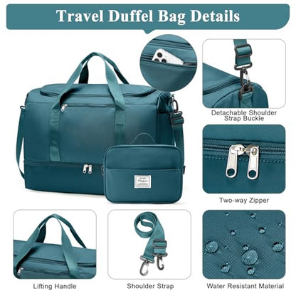 Travel Duffle Bag with Shoe Compartment, XL Weekender Bags for Women - color: B-Peacock Blue with Toiletry Bag, size: Extra Large