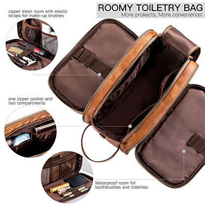 Elviros Toiletry Bag for Men, PU Leather Travel Dopp Kit, 2 Pack Gift Set - color: Brown, size: 2 Piece
