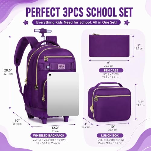 3Pcs Rolling Backpack for Girls Women, 19 Inche Adults Roller Backpacks with Wheels, School Wheeled Bookbag with Lunch Box(Deep Purple) - color: Deep Purple