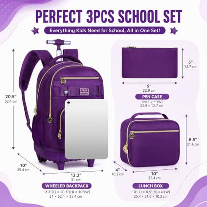 3Pcs Rolling Backpack for Girls Women, 19 Inche Adults Roller Backpacks with Wheels, School Wheeled Bookbag with Lunch Box(Deep Purple) - color: Deep Purple