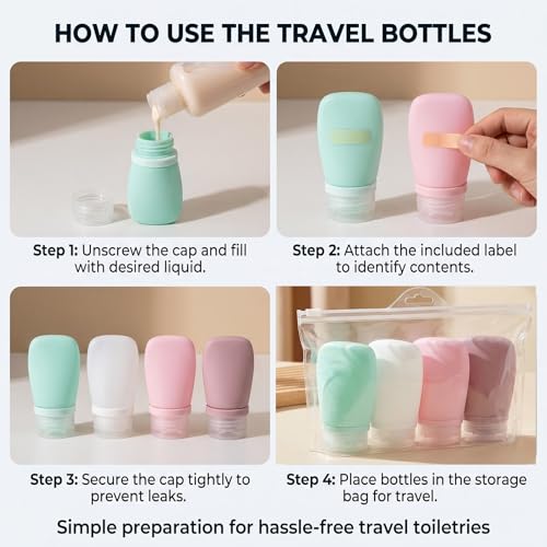4 Pack 1oz/30ml Travel Bottles for Toiletries, Leak Proof Refillable Silicone Squeezable Travel Accessories with EVA Bag & Labels for Shampoo Conditioner Lotion Liquids & To Go Use - color: D