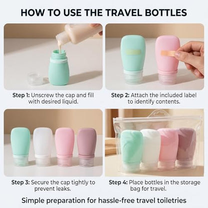 4 Pack 1oz/30ml Travel Bottles for Toiletries, Leak Proof Refillable Silicone Squeezable Travel Accessories with EVA Bag & Labels for Shampoo Conditioner Lotion Liquids & To Go Use - color: D