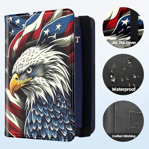 RFID Security Premium Passport and Travel Document Holder Combo, Slim PU Leather Folio Wallet with 3 Card Slots & Boarding Pass Pocket, Secure Elastic Closure Organizer, American Flag Eagle - color: American Flag Eagle