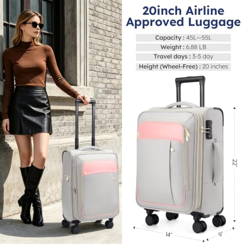 Softside Expandable Carry On Luggage, 20in Carry on Suitcase with Wheels - color: Grey/ Pink