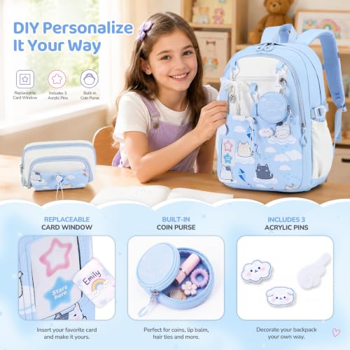 DIGOBAY Backpack for Girls, 5PCS School Bookbag with Lunch Box Pencil Case - color: Blue Cat