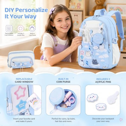 DIGOBAY Backpack for Girls, 5PCS School Bookbag with Lunch Box Pencil Case - color: Blue Cat