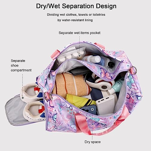Dance Bag Girls Gymnastics Duffle with Shoe Compartment, Kids Travel Weekender Sleepover Carry On Bag (Butterfly Purple) - color: 09-Butterfly Purple