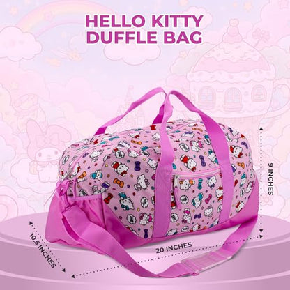 Hello Kitty Duffle Bag, 16” Travel Sleepover Bag for Girls, Weekender Bag, Pink Dance Bag - color: Hello Kitty