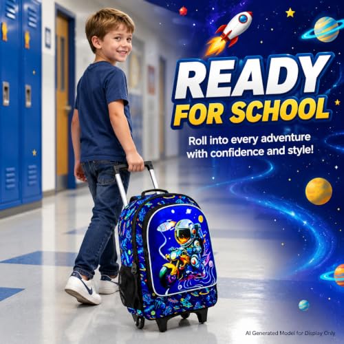3PCS Rolling Backpack for Girls Boys, Kids Roller Wheeled Bookbag with Lunch Box, Backpacks with Wheels for Elementary - color: Astronaut Blue