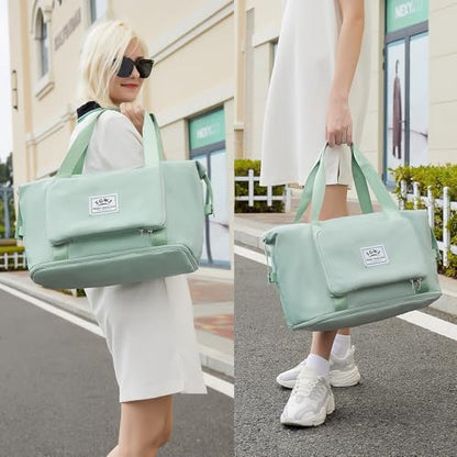 ZGWJ Travel Tote Bags, Expandable Overnight Weekender Bag for Women Foldable Carry-On - color: Green