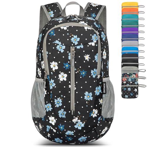 ZOMAKE Lightweight Packable Backpack 25L, Foldable Hiking Daypack - color: Black, Floral