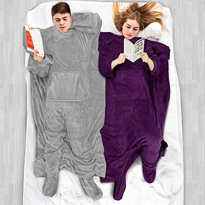 PAVILIA Fleece Blanket with Sleeves, Foot Pockets for Women Men, Light Gray - color: Light Gray, size: Fleece