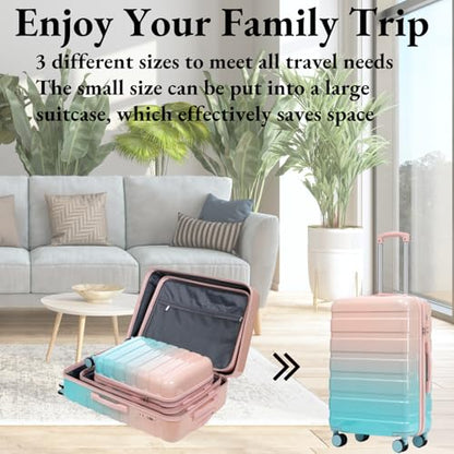 3-Piece Luggage Set 20/24/28’’ Hard-shell with 360° Spinner Wheels, Gradient Color Suitcase with Combination Lock, Lightweight PC Material, (Blue + Pink) - color: Pink-Light Blue Gradient, size: 3-Piece Set(20''&24''&28'')