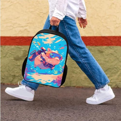 Capybara Dive Design Backpack with Lunch Box for Boys Girls Elementary & Middle School 3-in-1 Set, Durable Lightweight Bookbags for Kids Age 6-8 - color: Capybara Dive