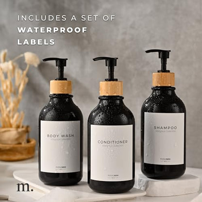 MaisoNovo Refillable Shampoo and Conditioner Bottles| Black Bamboo Set of 3 - color: Black /Bamboo