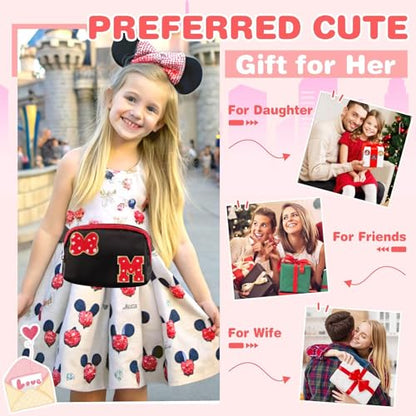Initial Letter Bow Mouse-Ear Fanny Pack for Teen Girls,Cute Chenille Belt Bag Crossbody Travel Waist Pack for Women&Kids,Personalized Gift for Theme Park,School & Travel, Birthday Christmas(M) - size: M