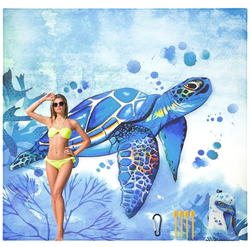 HIHOHO Beach Blanket Waterproof Sandproof Quick Drying Mat for 1-8 Adults - color: Bl-seaturtle, size: 6'11" x 6'7"