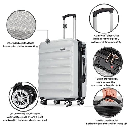 GinzaTravel 3-Pieces ABS Hardshell Luggage Set 20" 24" 28" Suitcase | Baggage Case,with TSA Lock,Travel Case Set,with Multi-directional Wheels and Telescoping Handle,Family Luggage Set - color: Silver Gray