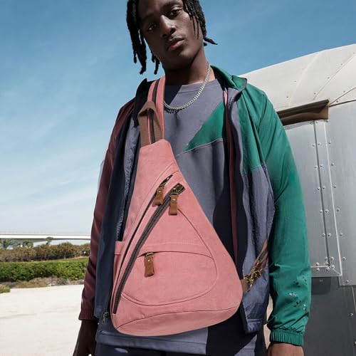 KL928 Canvas Sling Bag - Small Crossbody Backpack Shoulder Casual Daypack Rucksack for Men Women(Large Version, Rust Red) - color: Canvas-rust Red