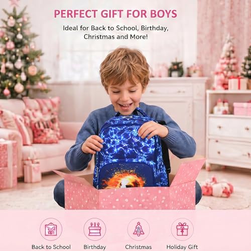 Boys Backpack Set 3PCS Ages 6-12, Kids School Backpack - color: Flame Soccer Blue