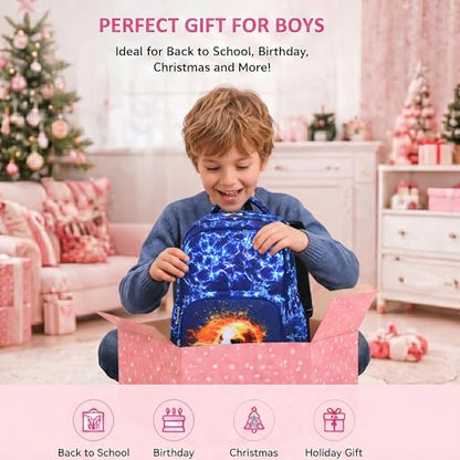 Boys Backpack Set 3PCS Ages 6-12, Kids School Backpack - color: Flame Soccer Blue