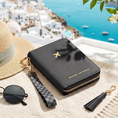 Beautiful Passport Holder And Travel Wallet with Wristlet Strap - color: Black