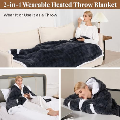 Wearable Heated Blanket Hoodie, Luxury Faux Fur & Sherpa Electric Throw Blanket, Heated Shawl Wraps Poncho with Pockets for Women Men, 3 Heat Levels & 12H Timer, ETL & FCC Certified, 40"x70",Dark Grey - color: Dark Grey, size: 40"x70"