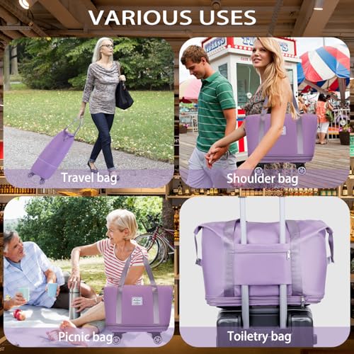 Rolling Duffel Bag with Wheels, Expandable Large Travel Luggage Lightweight & Durable Foldable Carry-On Bag with Removable Wheels for Shopping, Gym, Camping and Trave (Purple) - color: Purple