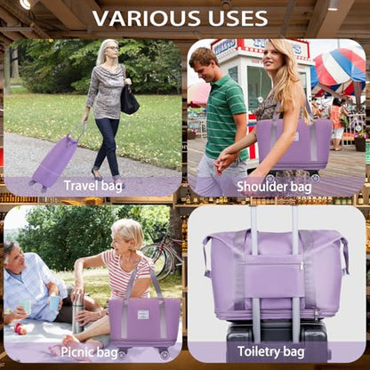 Rolling Duffel Bag with Wheels, Expandable Large Travel Luggage Lightweight & Durable Foldable Carry-On Bag with Removable Wheels for Shopping, Gym, Camping and Trave (Purple) - color: Purple