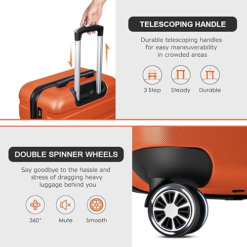 Luggage Sets Hardside Lightweight Suitcase with Spinner Wheels TSA Lock, 3-Piece Set (20/24/28) - color: Orange