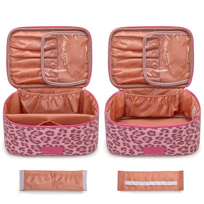Wrangler Travel Makeup Bag 2pcs Set Cosmetic Bag with Makeup Brush Holder - color: Leopard-Pink