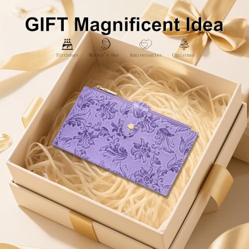Travelambo Womens Leather Bifold Wallet, Slim RFID Blocking Card Holder - color: Purple Flower