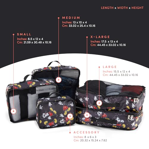 Disney Packing Cubes for Travel – 5 Piece Compression Set, Mickey Minnie Stitch Pooh Luggage Organizer Bags - color: Black
