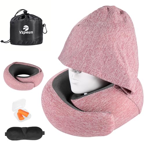 Travel Pillow - Hooded Neck Pillow Airplane Memory Foam Filling - color: Red