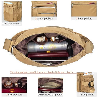 VOLGANIK ROCK RFID Anti Thief Crossbody Bag for Women Waterproof Shoulder Bag Messenger Bag Casual Nylon Purse Handbag - color: Khaki