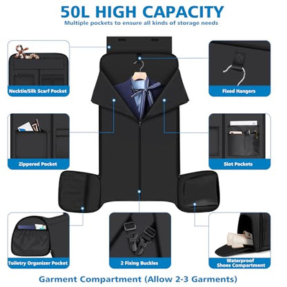Convertible Garment Bag for Travel, 4-in-1 Backpack for Women Men, 3pcs 50L - color: C-Black