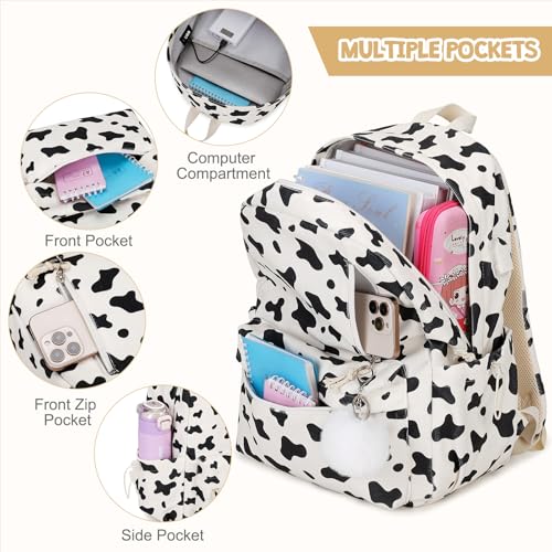 ACESAK 3PCS Corduroy Girls Backpack w/Lunch Box & Pencil Bag (Cow Print) - color: Milk Cow