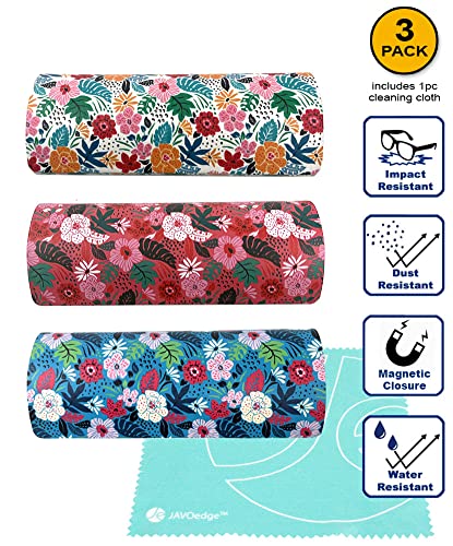JAVOedge [3 PACK], Various Pattern Long Oval Hard Glasses Case Includes Microfiber Cleaning Cloth - color: Florals - Style F