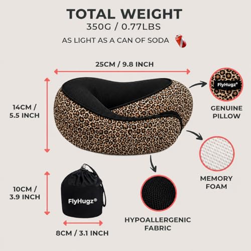 FlyHugz® Neck Travel Pillow Memory Foam Neck Pillow, Leopard Print - color: Leopard Print
