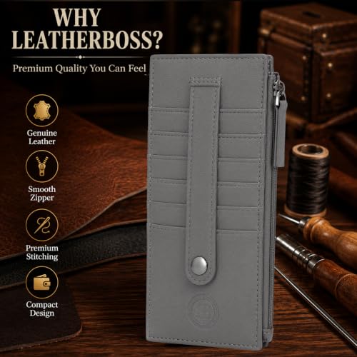 Leatherboss Genuine Leather Women's All in One Credit Business Card Case Holder Slim Zipper Wallet With a Card Protection Strap, Gray - color: Gray