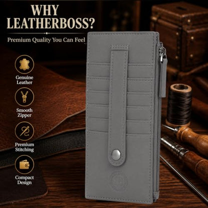Leatherboss Genuine Leather Women's All in One Credit Business Card Case Holder Slim Zipper Wallet With a Card Protection Strap, Gray - color: Gray