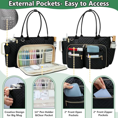 SIYNPAV Teacher Tote Bag with 15.6 in Laptop Compartment& Cup Holder Black - color: Stylish Black