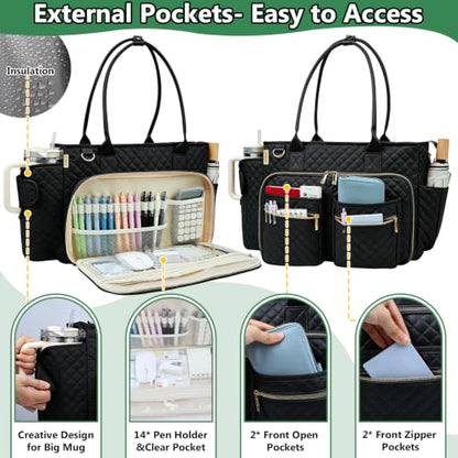 SIYNPAV Teacher Tote Bag with 15.6 in Laptop Compartment& Cup Holder Black - color: Stylish Black