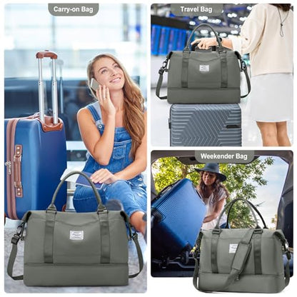 Travel Duffel Bag with Shoes Compartment,Weekender Bags for Women Travel - color: Olive Green, size: Large