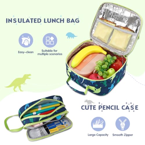 3 PCS Dinosaur Rolling Backpack for Boys Girls with Lunch Bag - color: Green Dinosaur