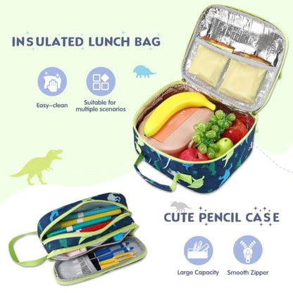 3 PCS Dinosaur Rolling Backpack for Boys Girls with Lunch Bag - color: Green Dinosaur