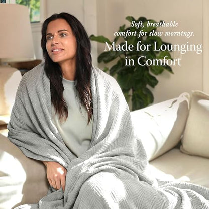 Threadmill Luxury 100% Cotton King Herringbone Blanket, Light Grey - color: Light Grey, size: King (106" x 92")